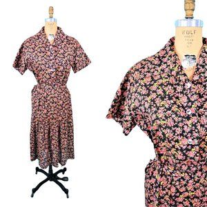 Vintage 1970s Pink Floral Dress 50s Style Shirtdress Scotty Dog Buttons | W 24"+